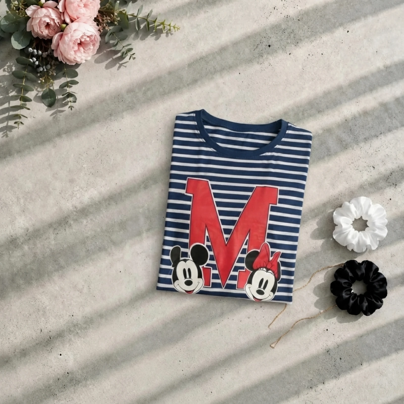 T-shirt rayé Mickey Minnie bleu femme 